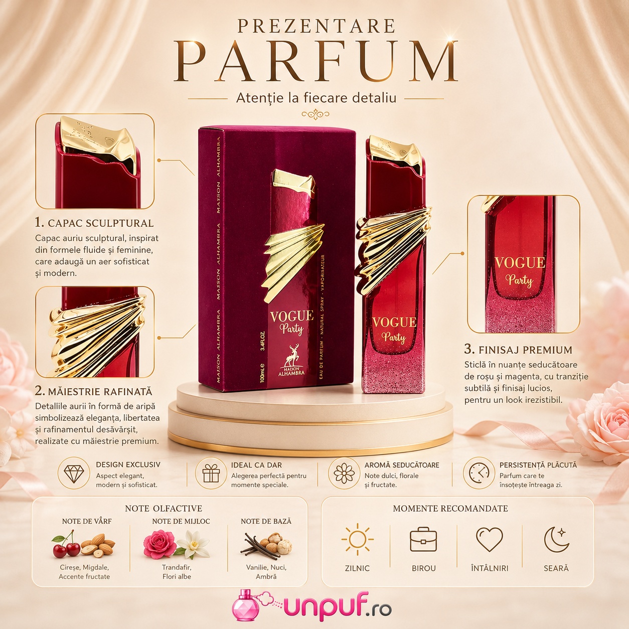 Prezentare parfum Alhambra Vogue Party cu capac sculptural, detalii aurii, finisaj premium, note olfactive și momente recomandate