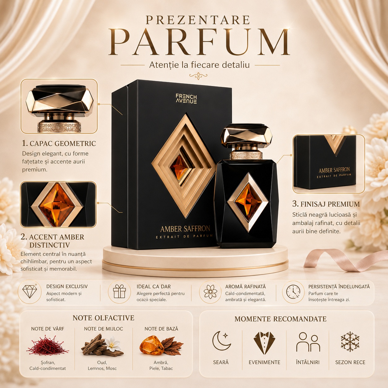 Prezentare parfum Amber Saffron French Avenue cu capac geometric, accent amber, finisaj premium și note olfactive
