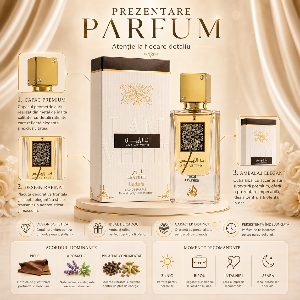 Prezentare parfum Ana Abiyedh Leather Lattafa cu capac premium, design rafinat, ambalaj elegant și acorduri dominante