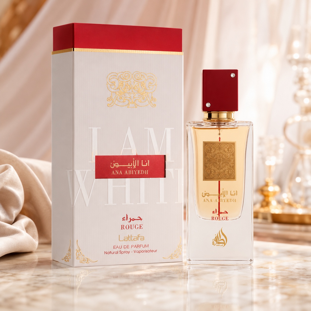 Parfum Arăbesc Ana Abiyedh Rouge Lattafa 60 ml unisex cu flacon transparent, capac roșu, detalii aurii și cutie premium alb roșu