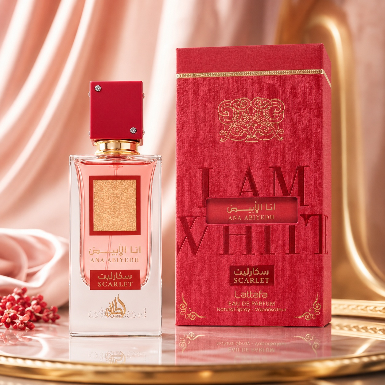 Parfum Arăbesc Ana Abiyedh Scarlet Lattafa 60 ml unisex cu flacon transparent, capac roșu scarlet, cutie premium roșie și detalii aurii