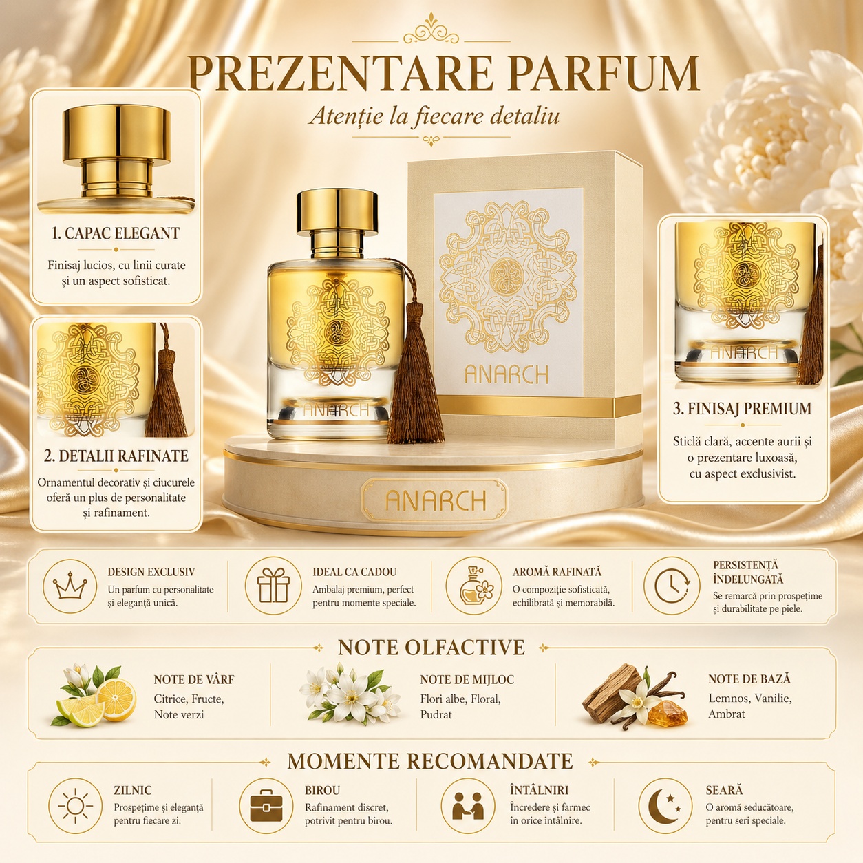 Prezentare parfum Anarch Maison Alhambra cu ambalaj crem auriu, sticlă premium și detalii elegante