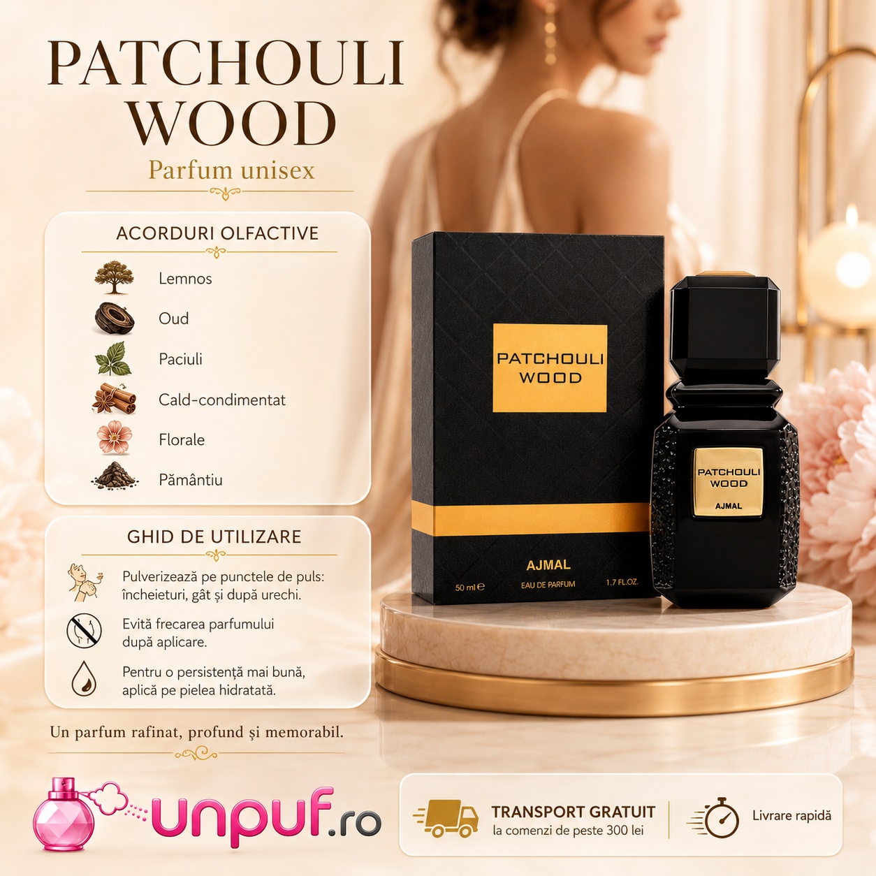 Ajmal Patchouli Wood ghid de utilizare și acorduri olfactive lemnos oud paciuli cald condimentat florale pământiu balsamic