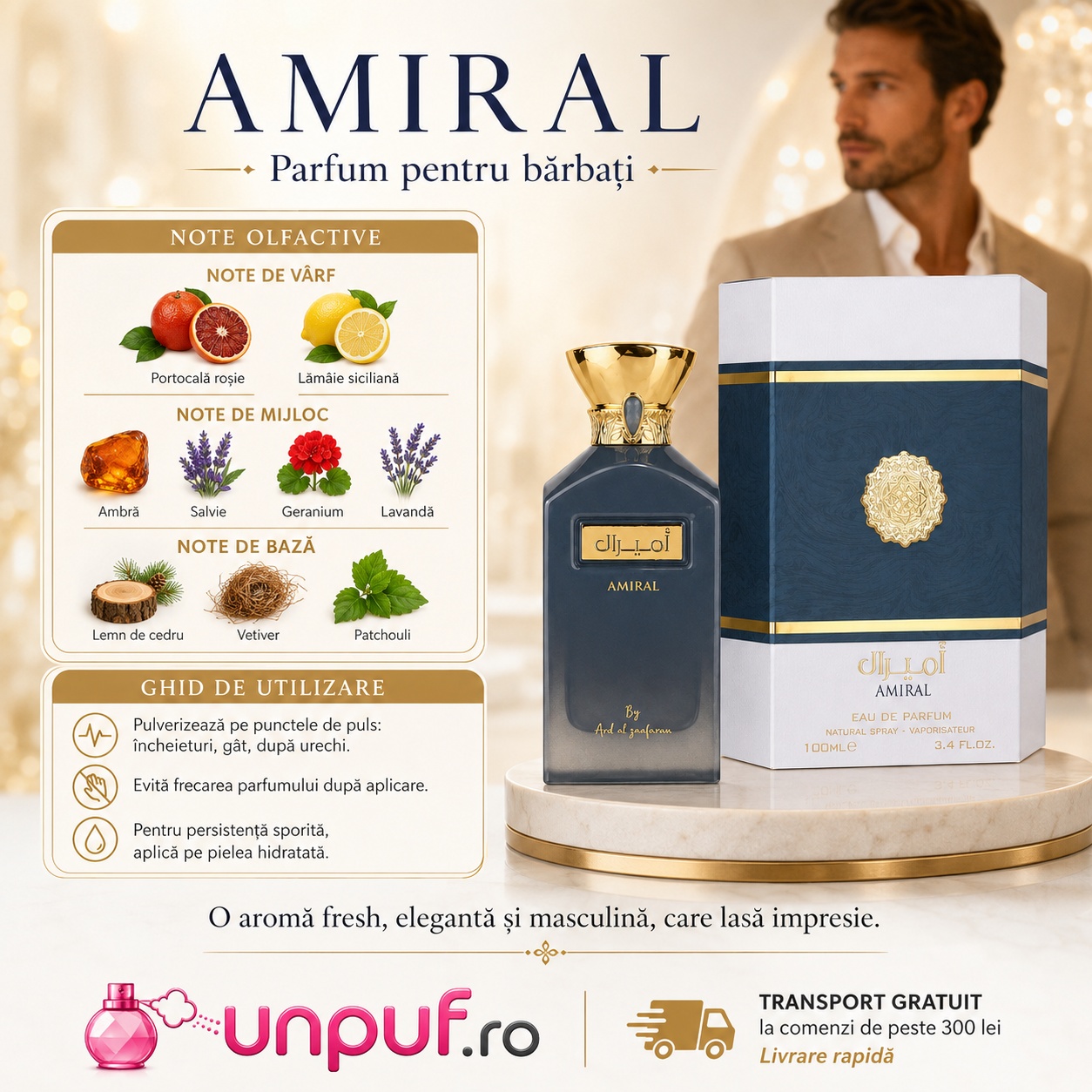 Prezentare parfum Amiral Ard Al Zaafaran cu note de portocală roșie, lăm&acirc;ie siciliană, ambră, salvie, geranium, lavandă, cedru, vetiver și patchouli