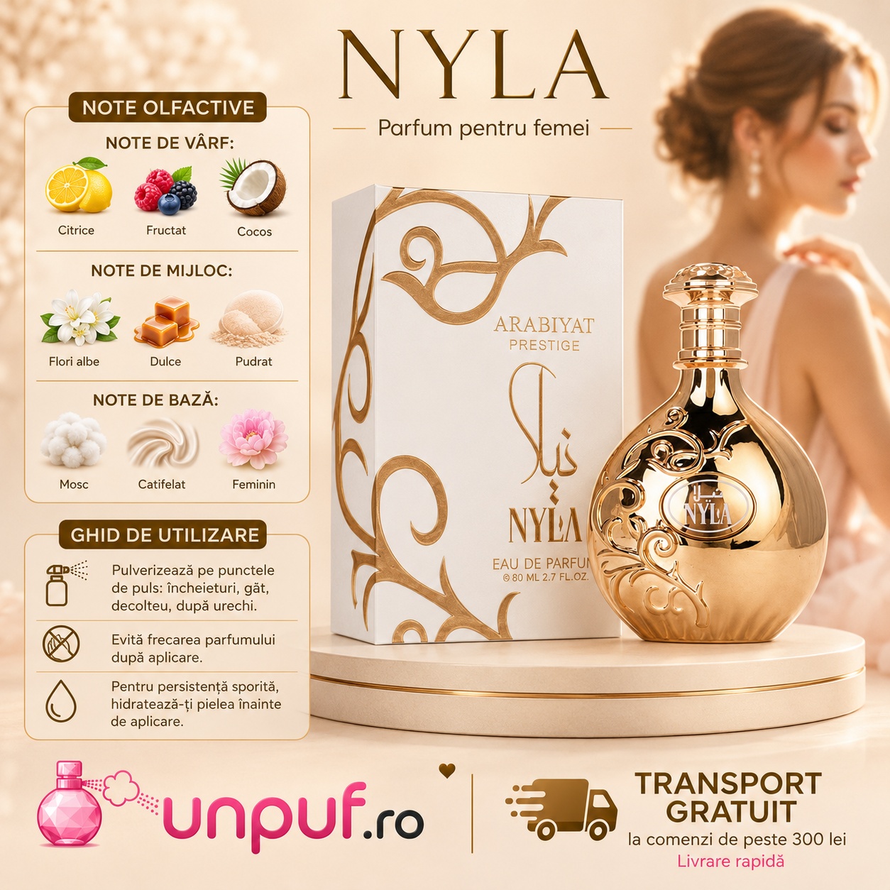 Profil olfactiv Arabiyat Prestige Nyla cu note de cocos, piersică, floare de tiaré, heliotrop și lemn de santal