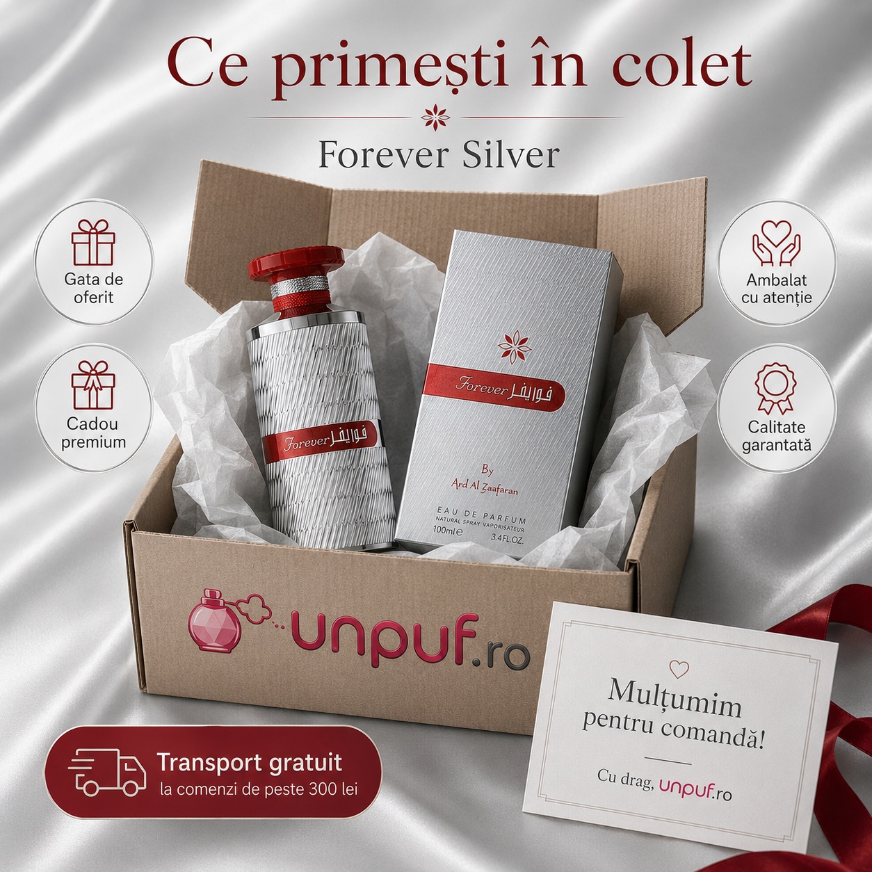 Ce primești în colet la parfumul Forever Silver Ard Al Zaafaran, ambalaj premium UnPuf.ro