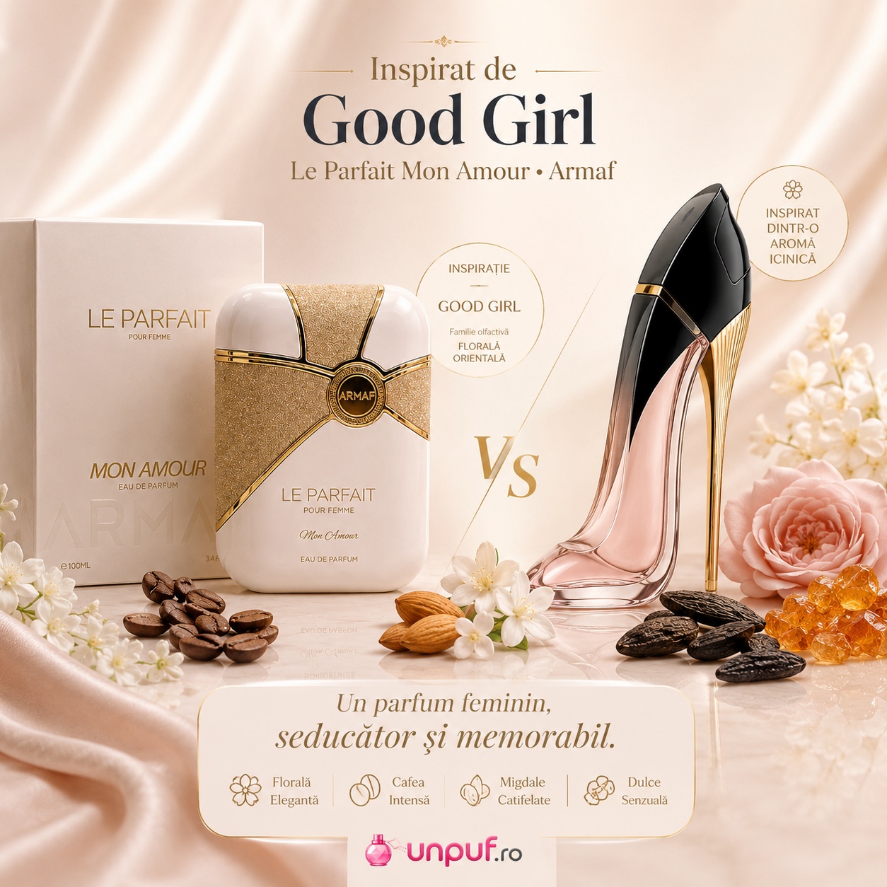 Armaf Le Parfait Pour Femme Mon Amour inspirat de Good Girl, parfum floral oriental feminin, seducător și memorabil