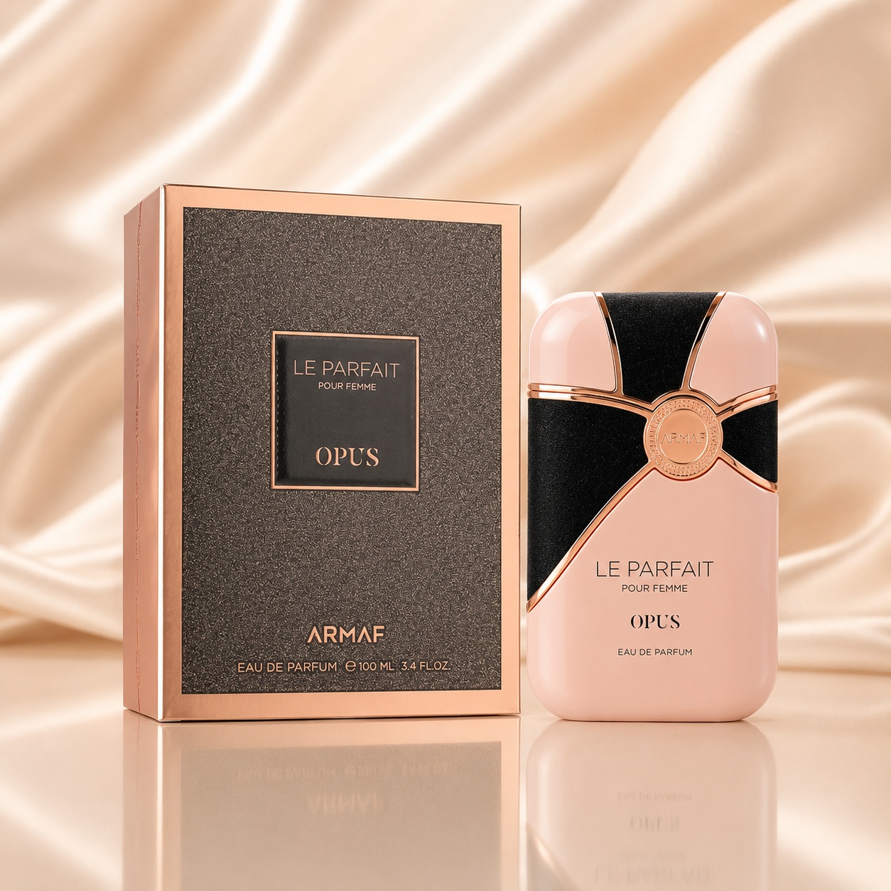Parfum Arăbesc Armaf Le Parfait Pour Femme Opus 100 ml cu flacon roz pudrat, negru și cutie premium rose-gold