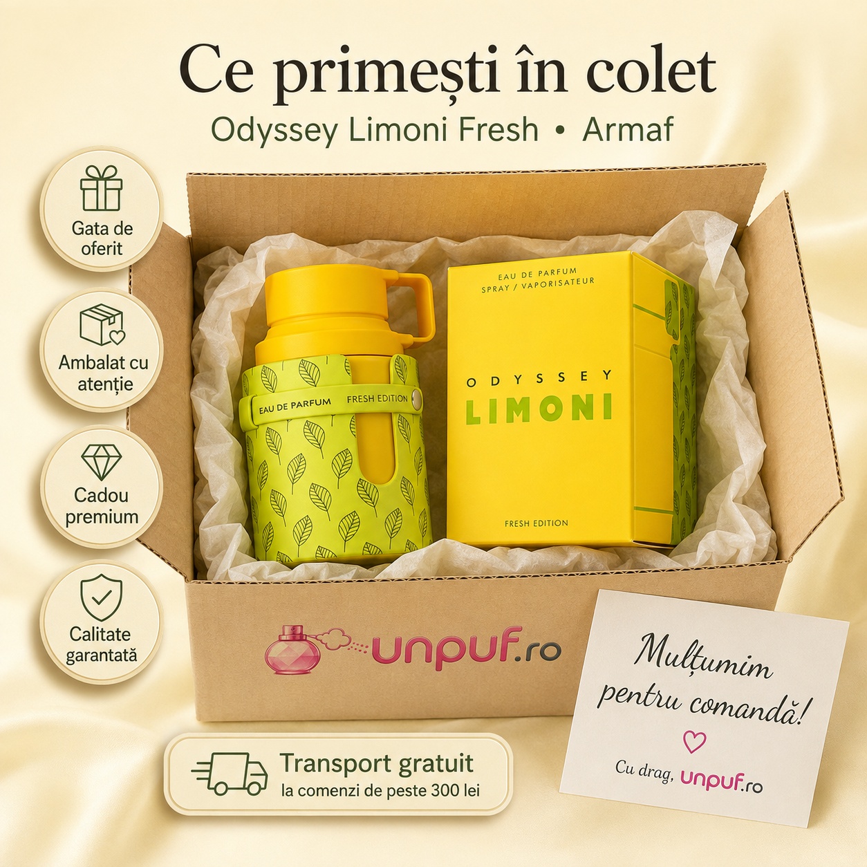 Ce primești în colet la Armaf Odyssey Limoni Fresh Edition Eau de Parfum 60ml, ambalaj premium UnPuf.ro