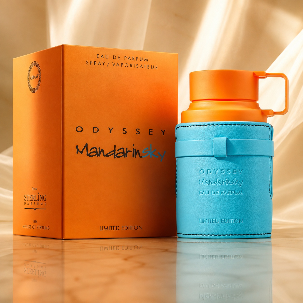Parfum Arăbesc Armaf Odyssey Mandarin Sky Eau de Parfum 200 ml, sticlă turcoaz și cutie portocalie