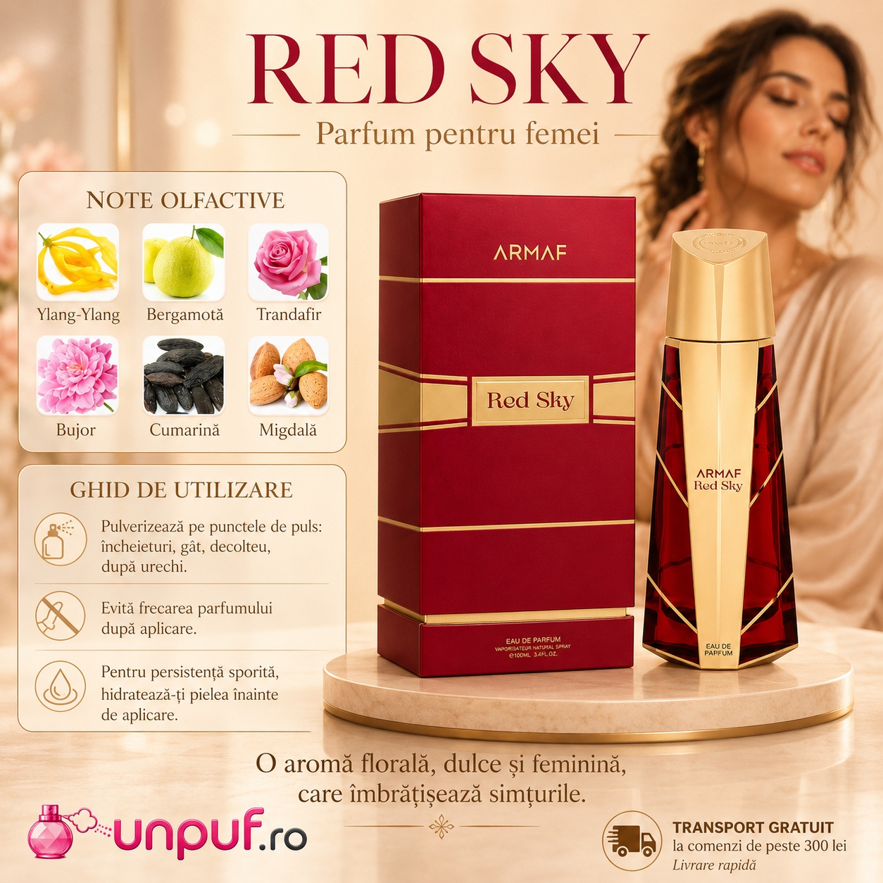 Red Sky parfum floral pentru femei cu ylang-ylang, bergamotă, trandafir, bujor, cumarină și migdală