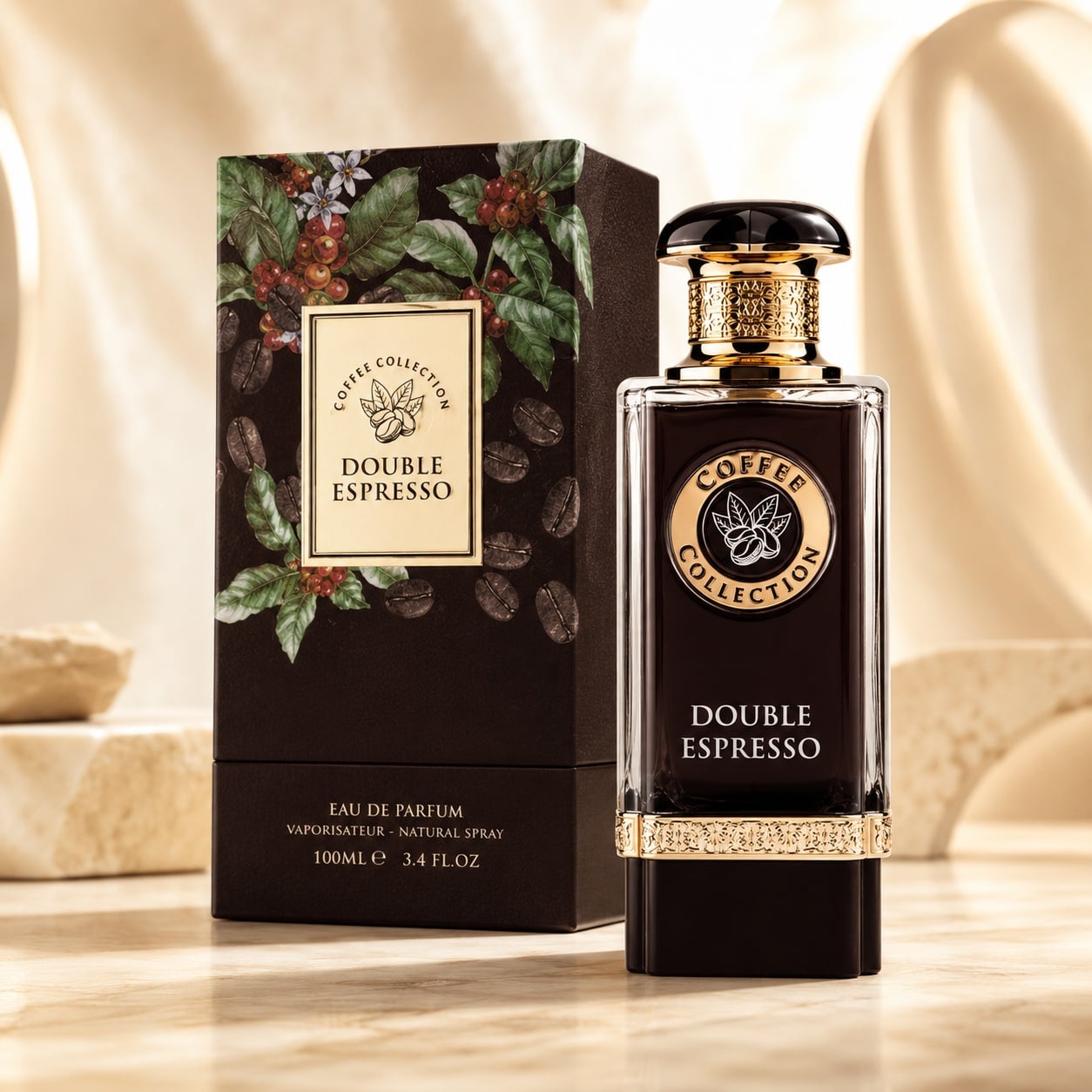 Parfum Arăbesc Double Espresso Fragrance World 100 ml unisex cu flacon negru, detalii aurii și cutie premium cu boabe de cafea