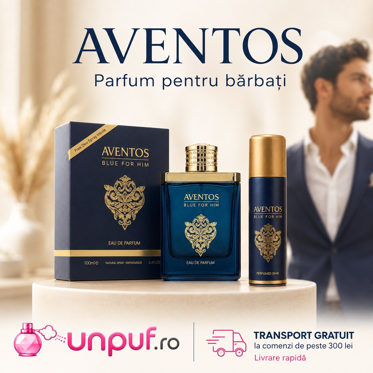 Parfum Fragrance World Aventos Blue Eau de Parfum 100ml plus deodorant 50ml, aromă fresh și masculină