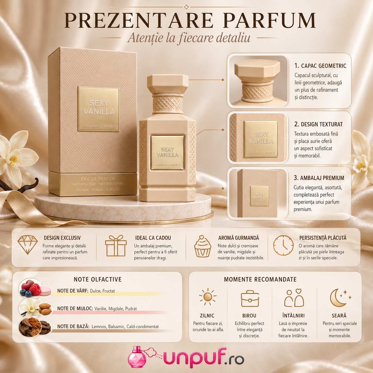 Prezentare parfum Sexy Vanilla cu detalii despre ambalaj, note olfactive și momente recomandate