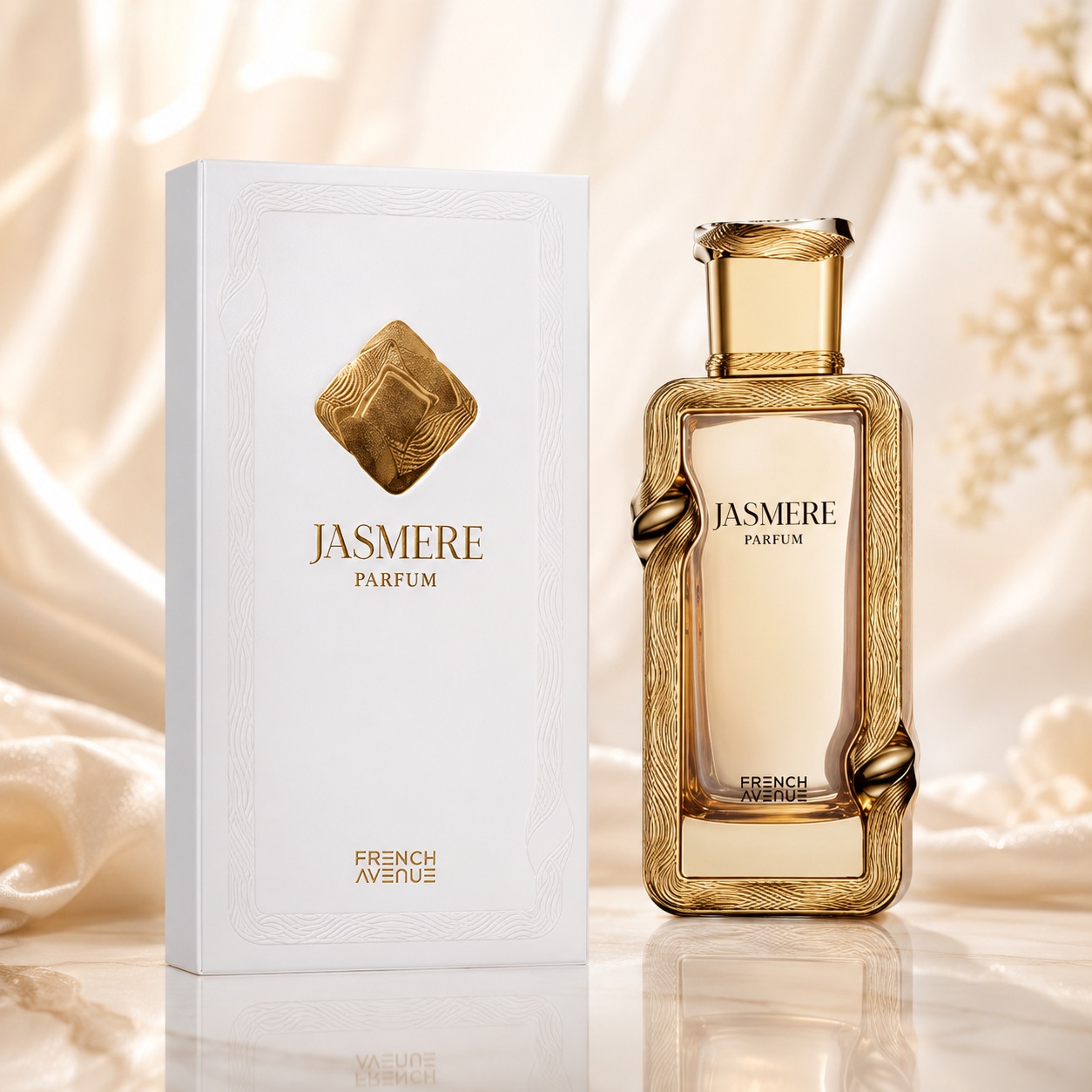 Parfum Arăbesc Jasmere French Avenue 100 ml pentru damă cu sticlă aurie elegantă și cutie albă premium