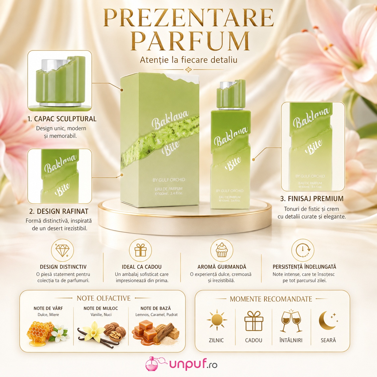 Prezentare Gulf Orchid Baklava Bite cu note de miere, vanilie, caramel, fistic și acorduri de desert oriental