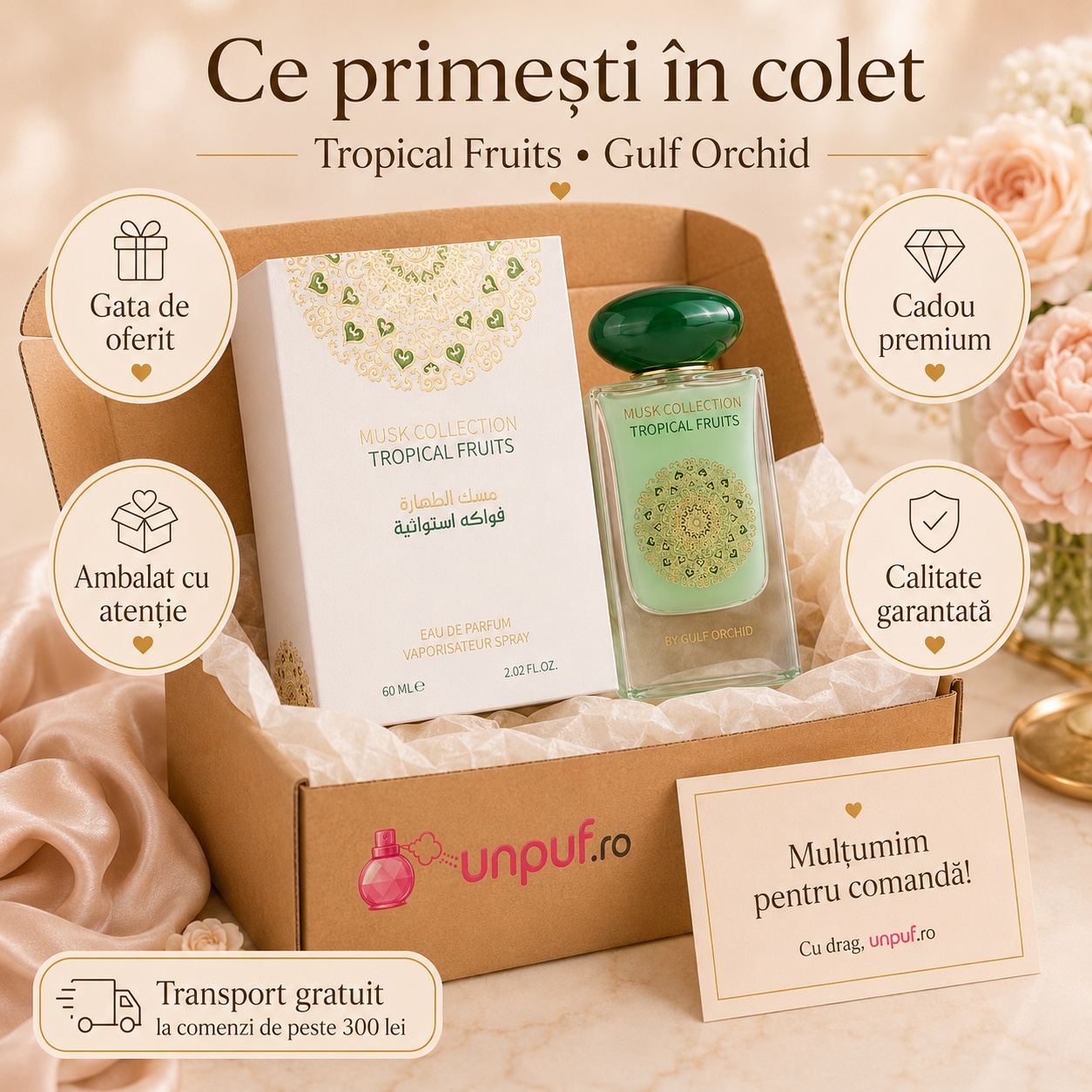 Ce primești în colet la Gulf Orchid Tropical Fruits Eau de Parfum 60ml, ambalaj premium UnPuf.ro