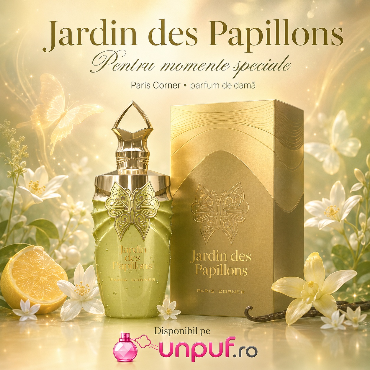 Jardin Des Papillons Paris Corner pentru momente speciale, parfum de damă cu lăm&acirc;ie, flori albe, vanilie și atmosferă aurie elegantă