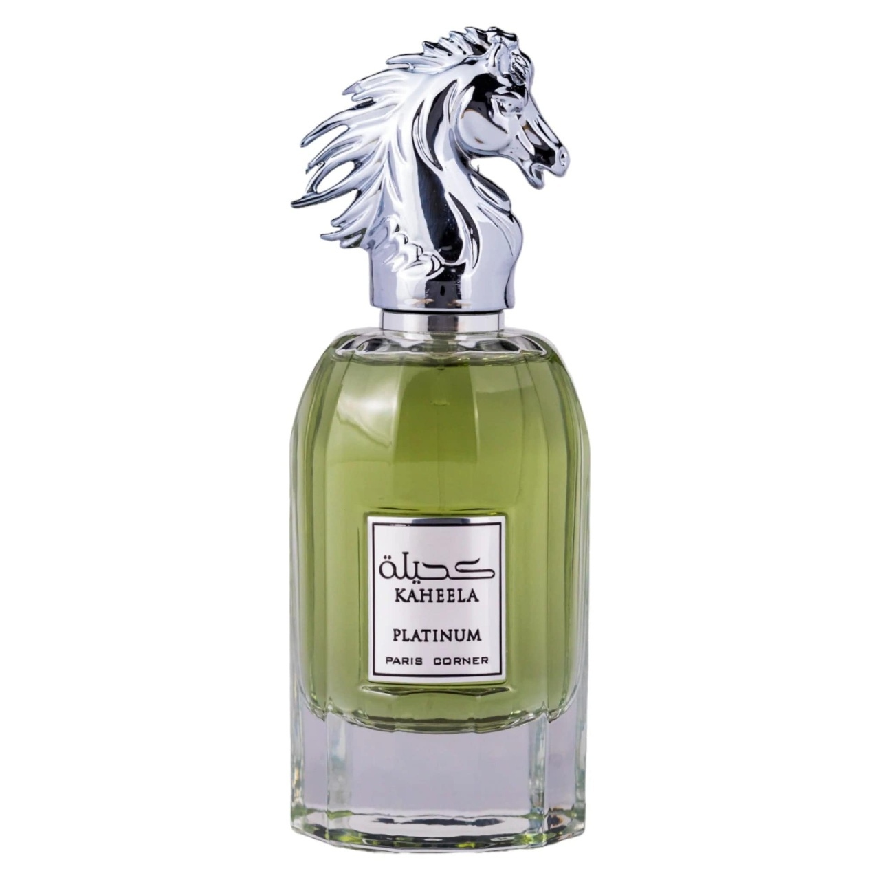 Flacon original Kaheela Platinum Paris Corner 85 ml cu lichid verde, etichetă albă și capac argintiu &icirc;n formă de cap de cal