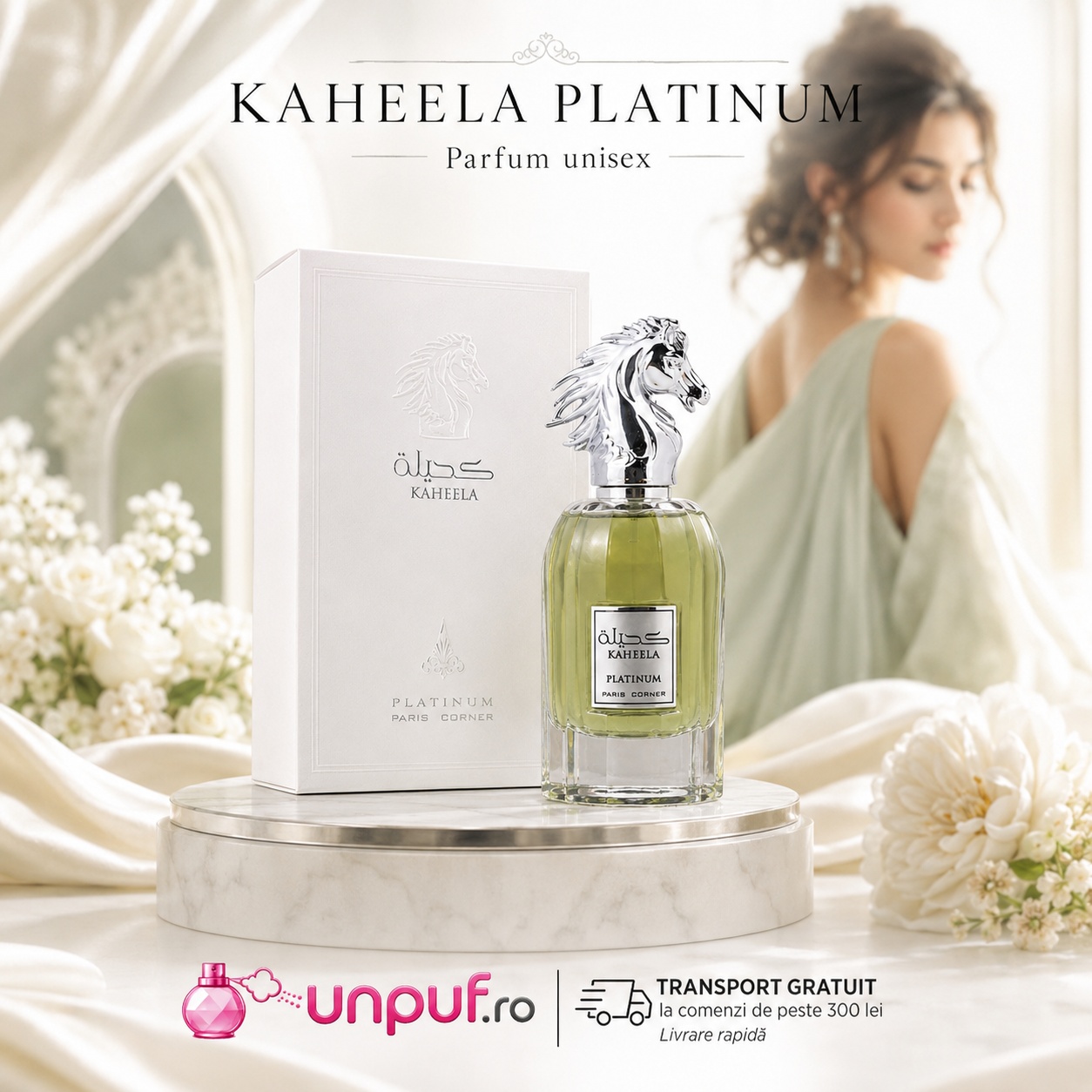 Kaheela Platinum Paris Corner parfum cu flacon verde, cutie albă premium și transport gratuit la comenzi eligibile
