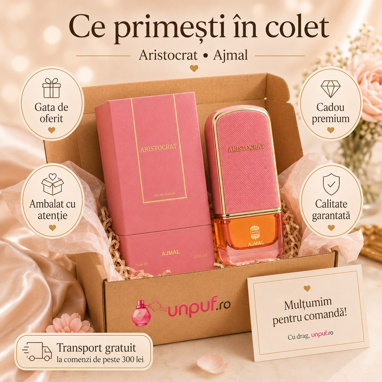Ce primești &icirc;n colet Lattafa Aristocrat Rose 75 ml parfum ambalat cu atenție cadou premium