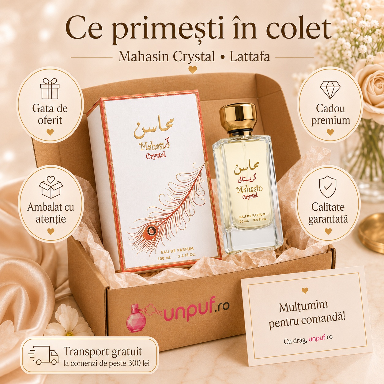 Ce primești &icirc;n colet Lattafa Mahasin Crystal 100 ml parfum unisex ambalat cu atenție cadou premium