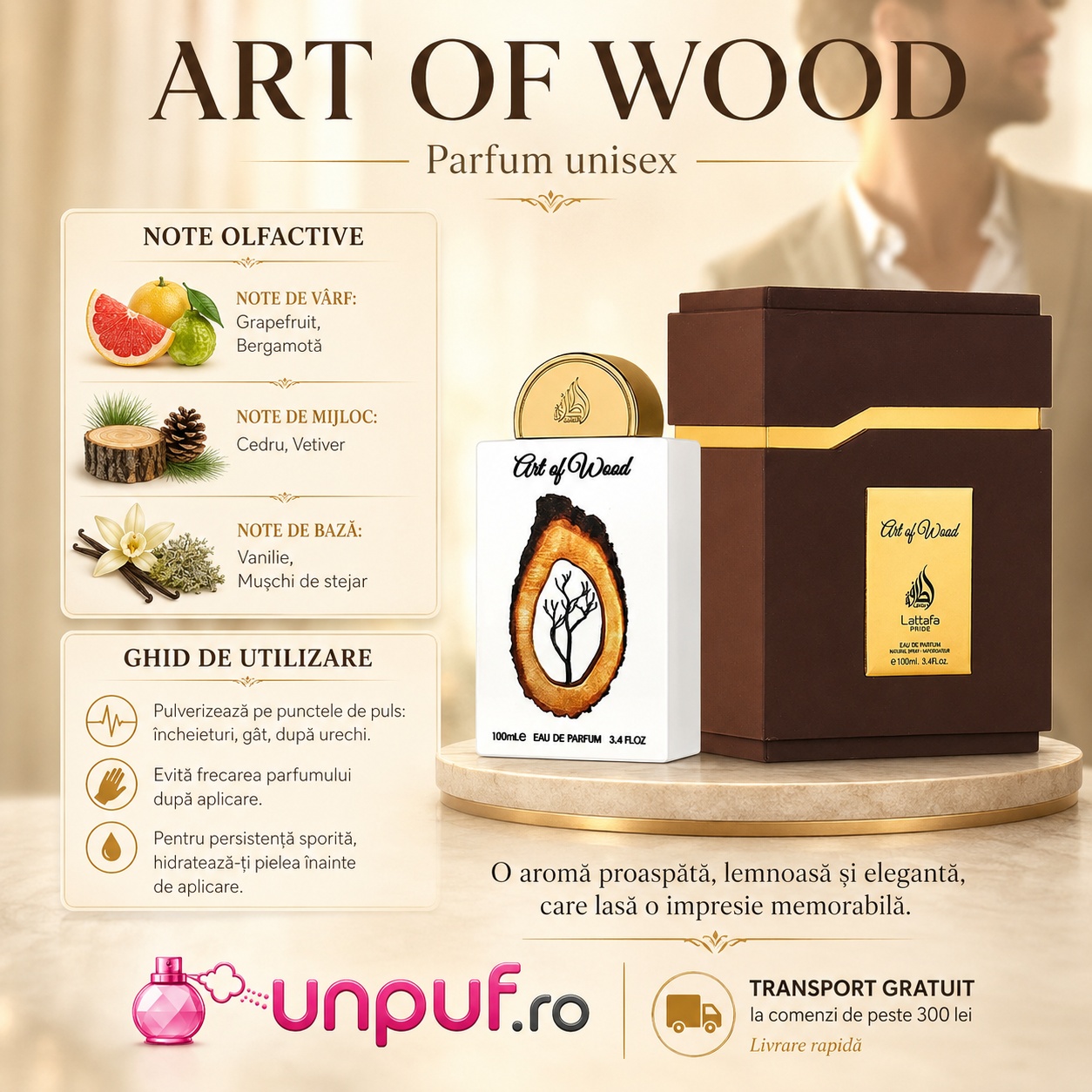 Lattafa Pride Art Of Wood parfum cu note olfactive grapefruit bergamotă cedru vetiver vanilie și mușchi de stejar, ghid de utilizare