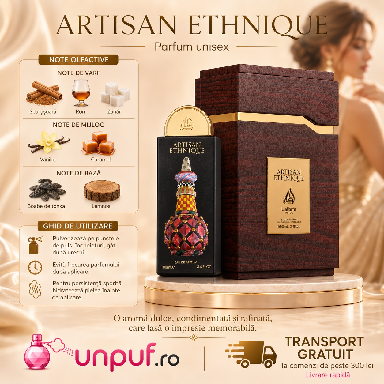 Lattafa Pride Artisan Ethnique note olfactive scorțișoară rom zahăr vanilie caramel tonka lemnos și ghid de utilizare