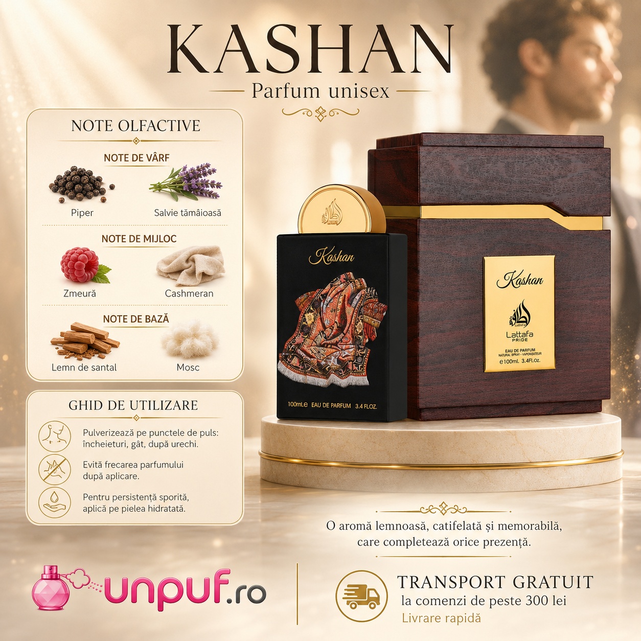 Lattafa Pride Kashan parfum damă cu note de piper, salvie tăm&acirc;ioasă, zmeură, cashmeran, lemn de santal și mosc, ghid de utilizare