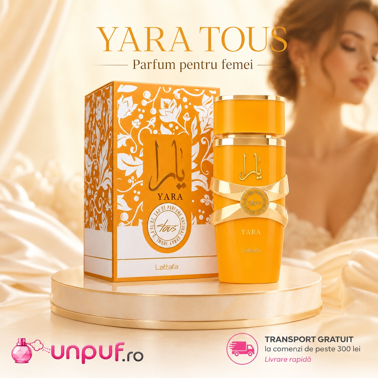 Lattafa Yara Tous parfum 100 ml cu flacon portocaliu și cutie premium, transport gratuit la comenzi peste 300 lei