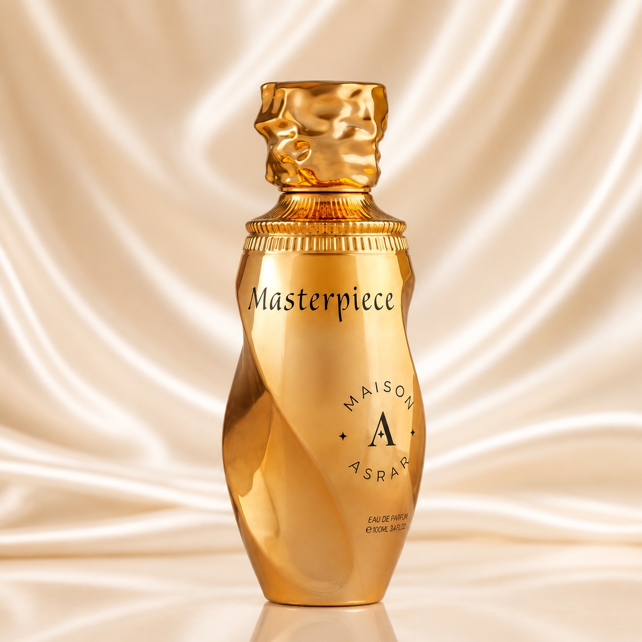 Sticlă Maison Asrar Masterpiece Eau de Parfum 100ml, parfum arabesc unisex elegant și auriu
