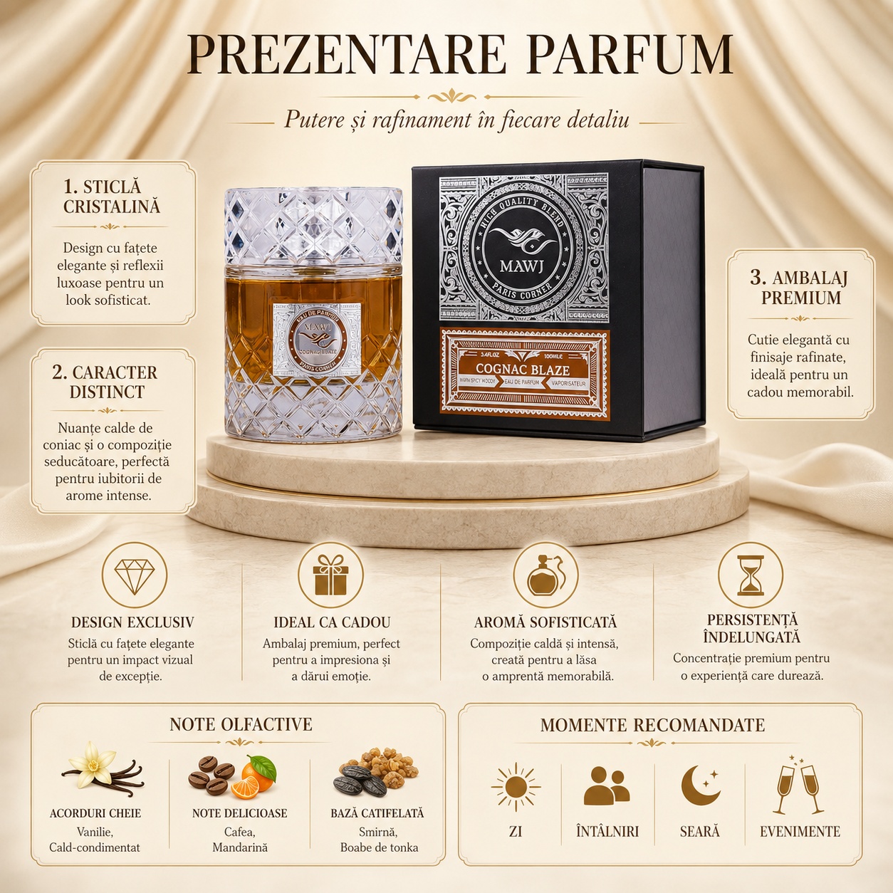 Prezentare Parfum Mawj Cognac Blaze Paris Corner cu note olfactive și detalii premium