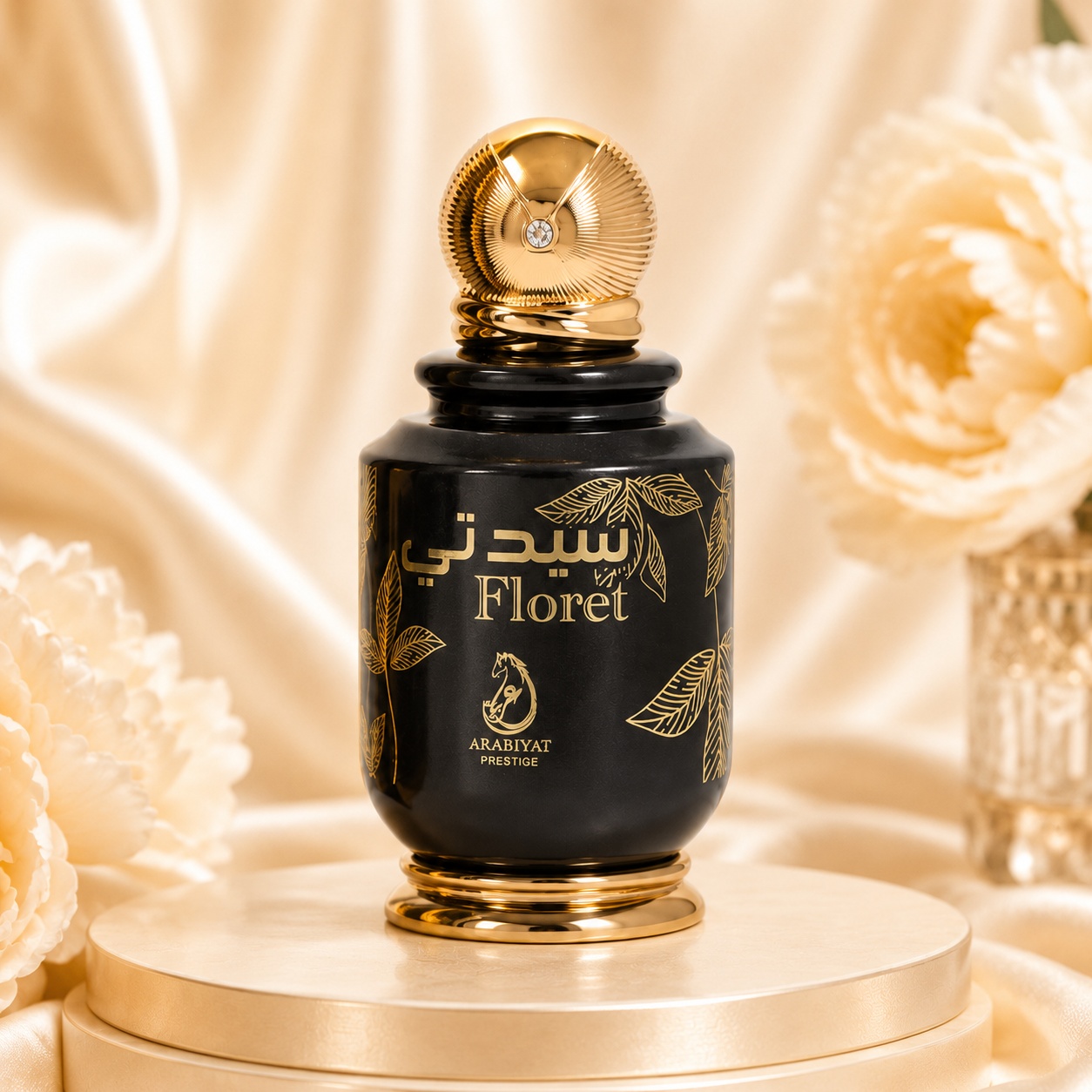 Sticlă My Perfumes Floret 100 ml, parfum arăbesc de damă cu design negru, frunze aurii și capac elegant