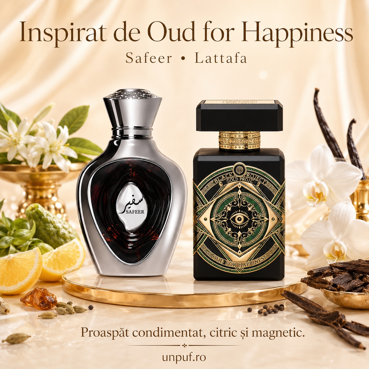Niche Emarati Safeer inspirat de Oud for Happiness, parfum proaspăt condimentat, citric și magnetic