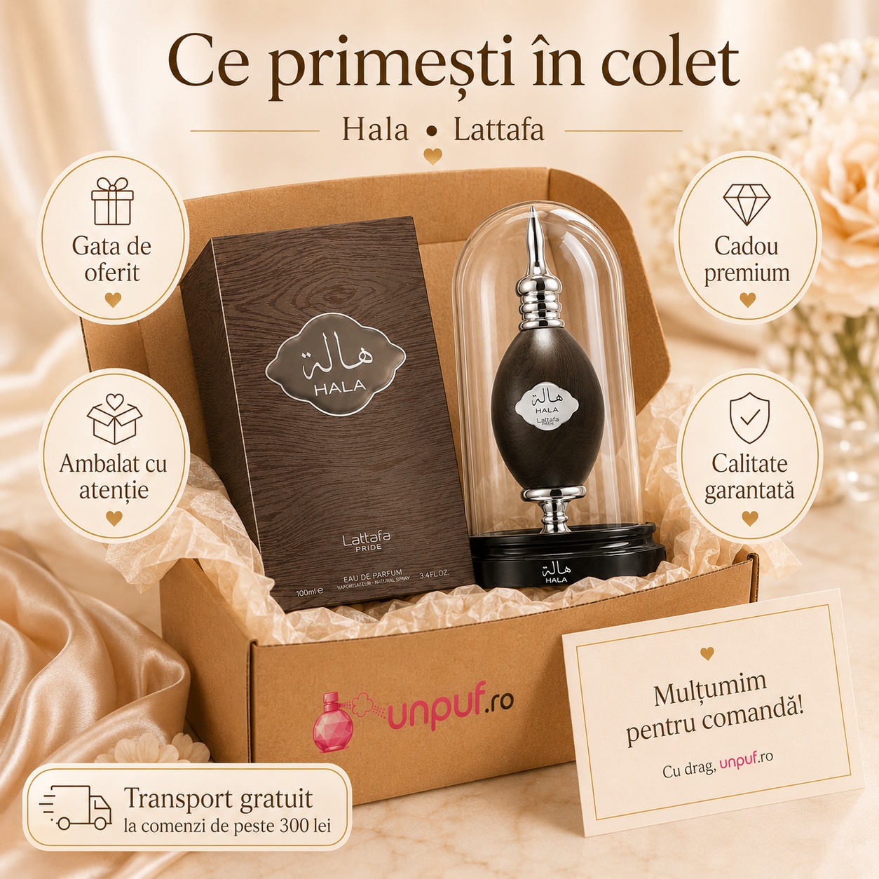 Ce primești în colet la parfumul Hala Lattafa Pride, ambalaj premium, cadou elegant și calitate garantată