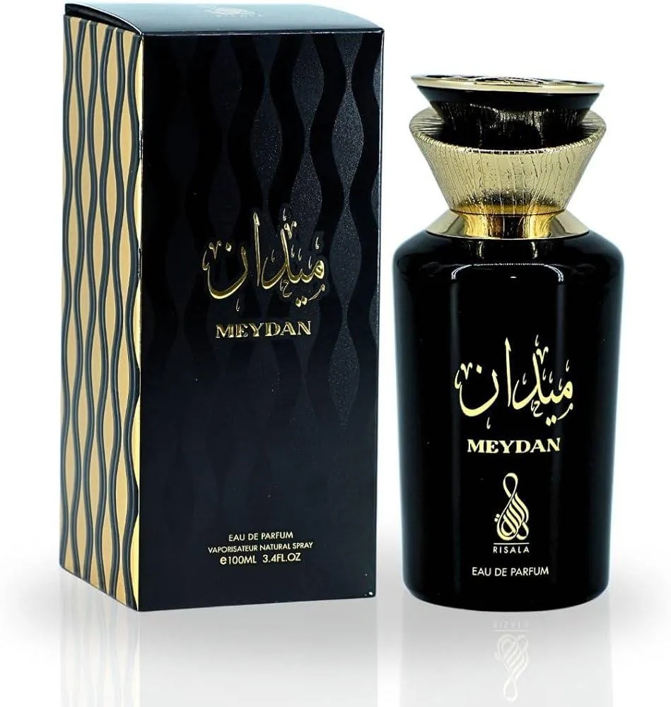 Sticlă și cutie parfum Meydan Risala Series 100 ml pe fundal alb, parfum arăbesc unisex
