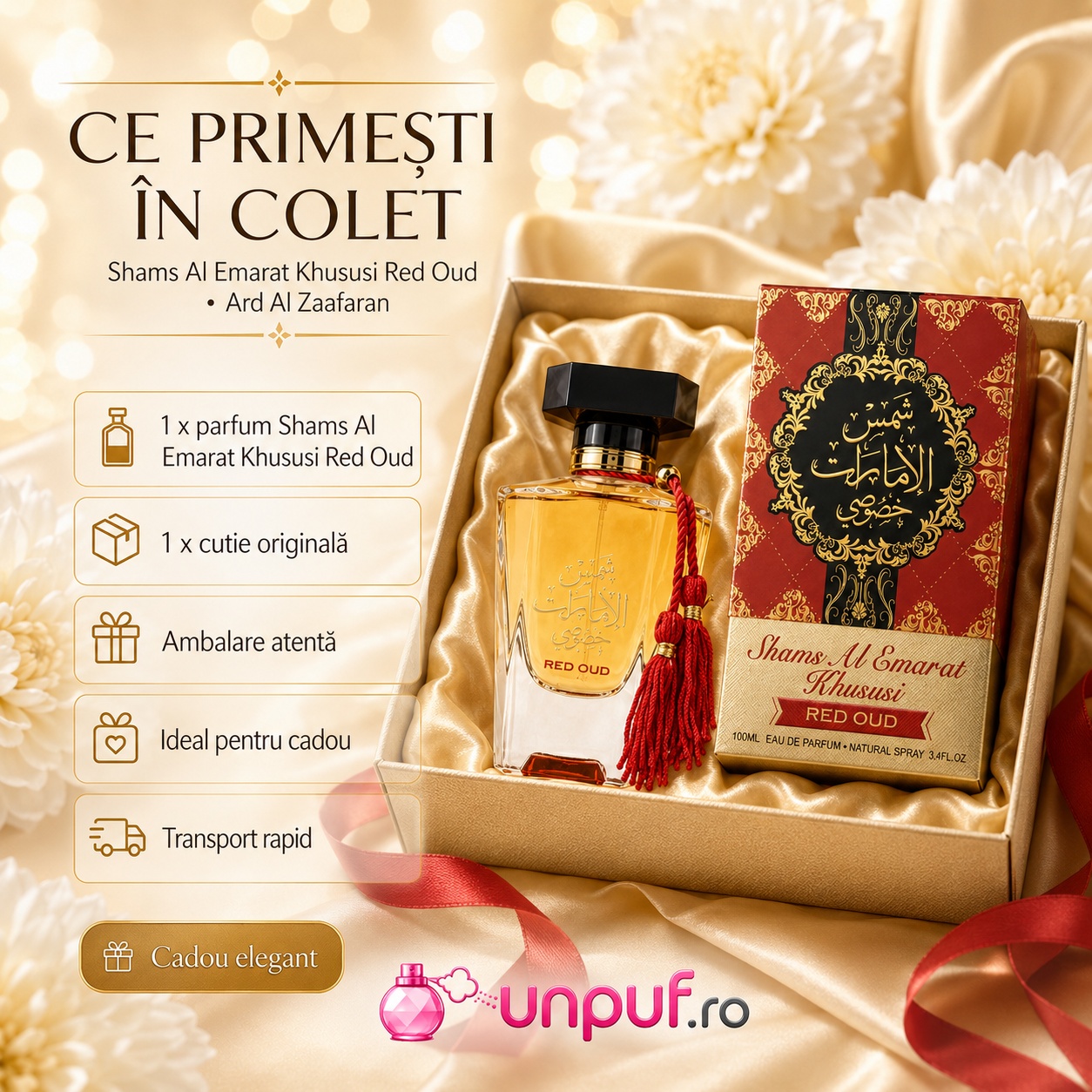 Ce primești &icirc;n colet Parfum Shams Al Emarat Khususi Red Oud Ard Al Zaafaran 100 ml ambalat premium pentru cadou