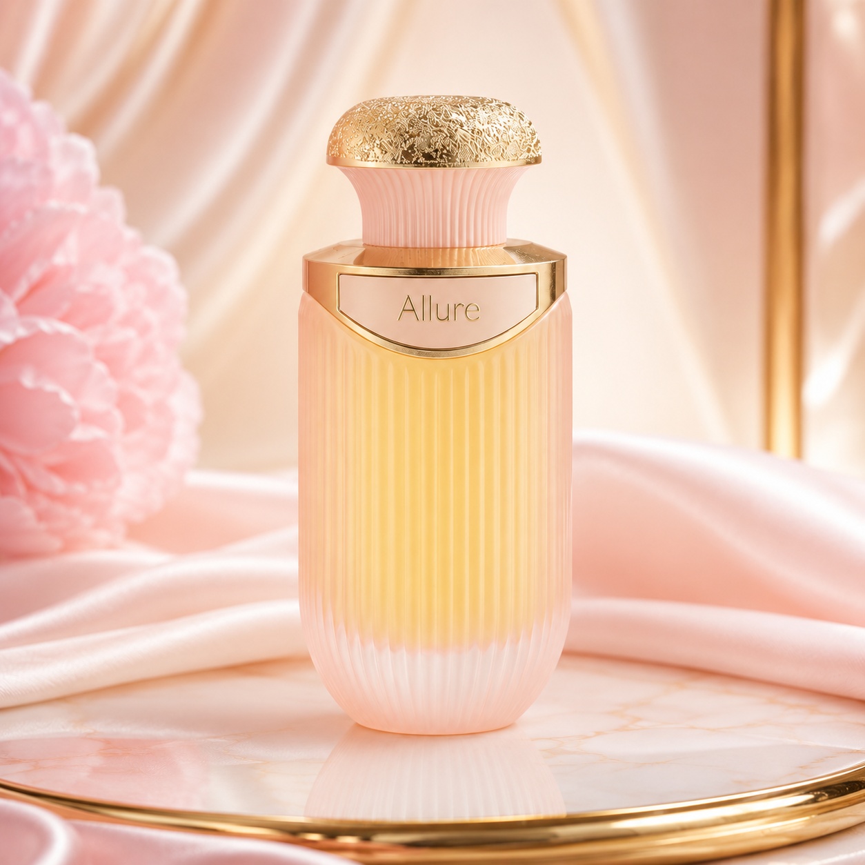 Sticlă parfum Sterling Allure By Jenny Glow 100 ml roz cu capac auriu texturat și finisaj premium