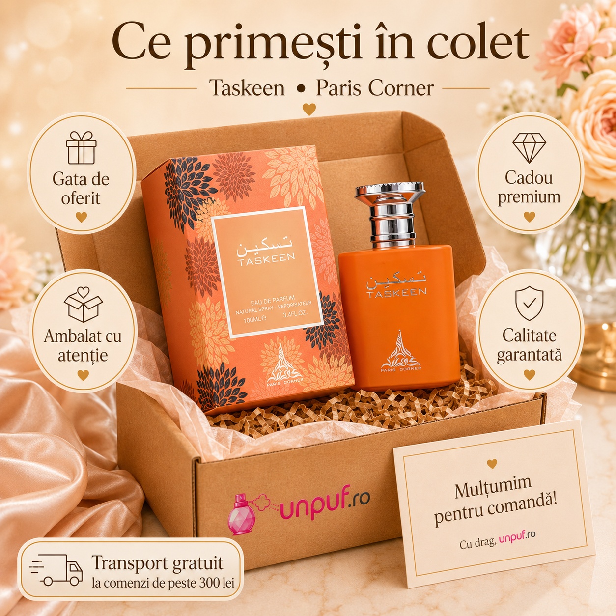 Ce primești &icirc;n colet Parfum Taskeen Paris Corner 100 ml ambalat premium pentru cadou