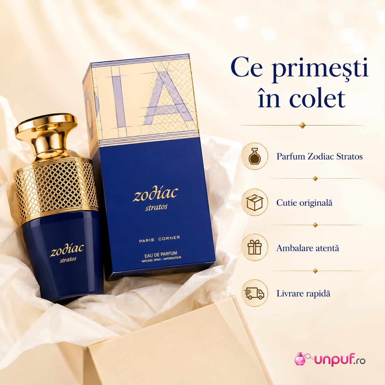 Ce primești &icirc;n colet Parfum Zodiac Stratos Paris Corner 100 ml cutie originală ambalare atentă și livrare rapidă