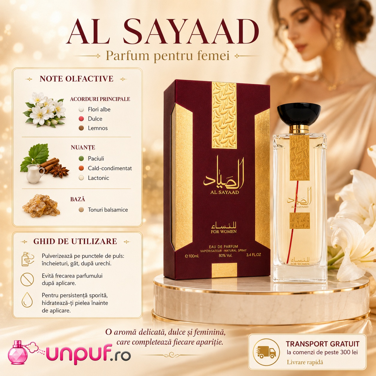 Al Sayaad Women parfum pentru femei cu flori albe, dulce, lemnos, paciuli, condimente calde și tonuri balsamice