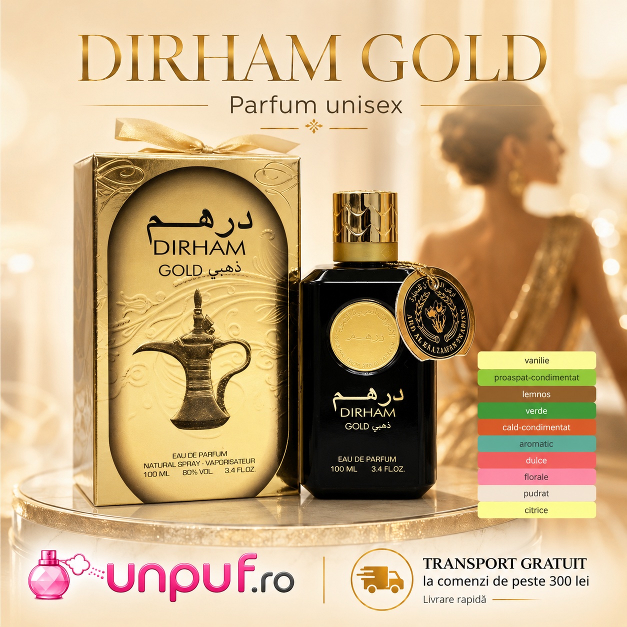 Dirham Gold Ard Al Zaafaran parfum unisex cu acorduri de vanilie, lemnos, proaspăt condimentat, verde, dulce, floral, pudrat și citrice