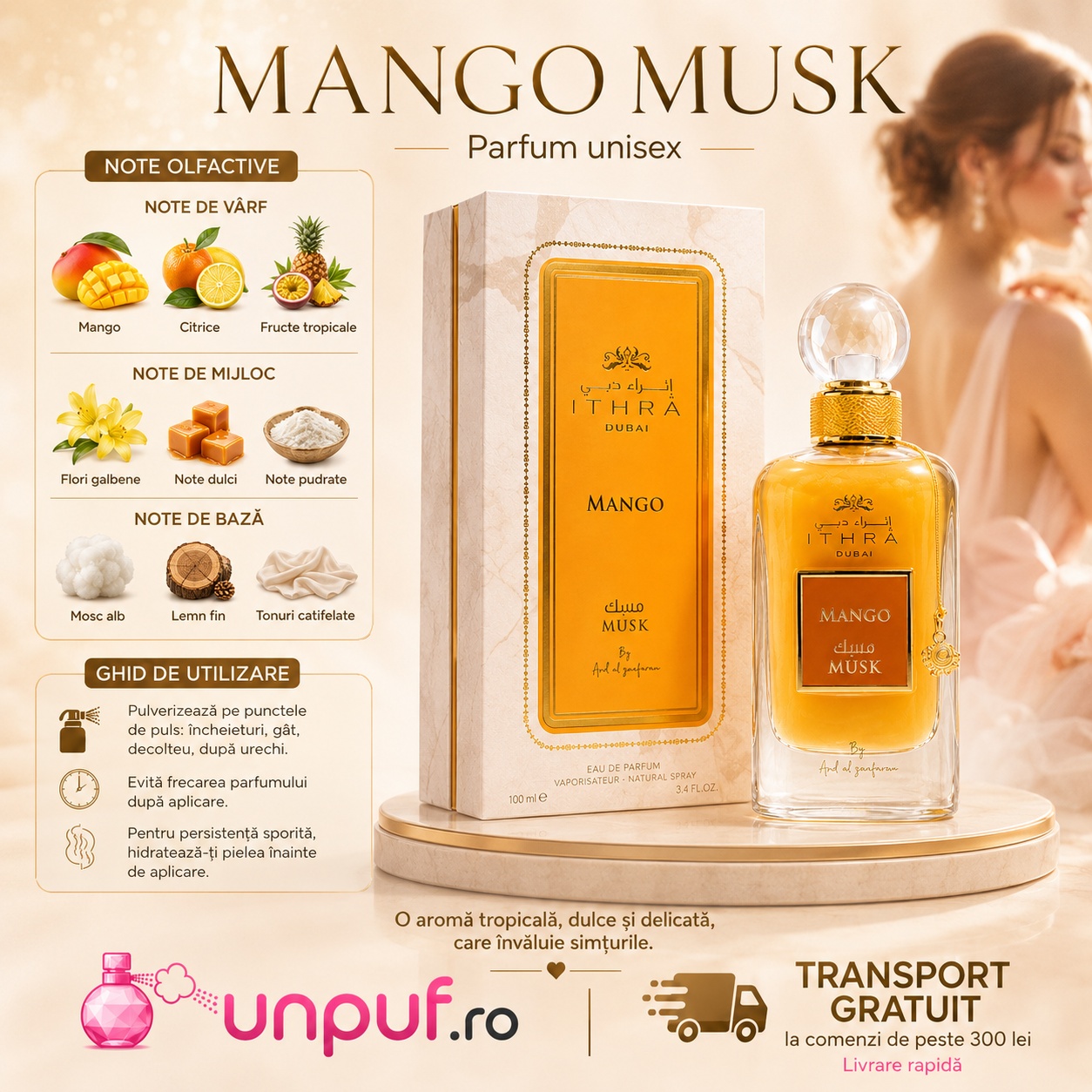 Ithra Mango Musk parfum unisex cu note de mango, citrice, fructe tropicale, flori galbene, note dulci, note pudrate, mosc alb și lemn fin