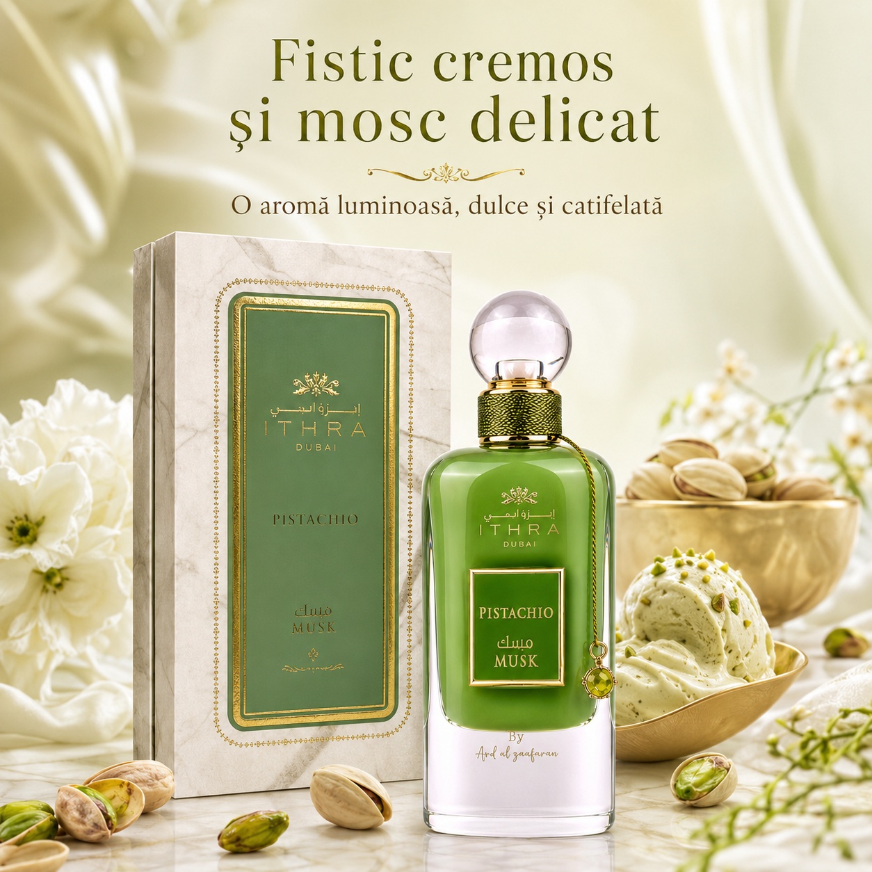 Parfum Arăbesc Ithra Pistachio cu fistic cremos și mosc delicat, aromă luminoasă dulce și catifelată