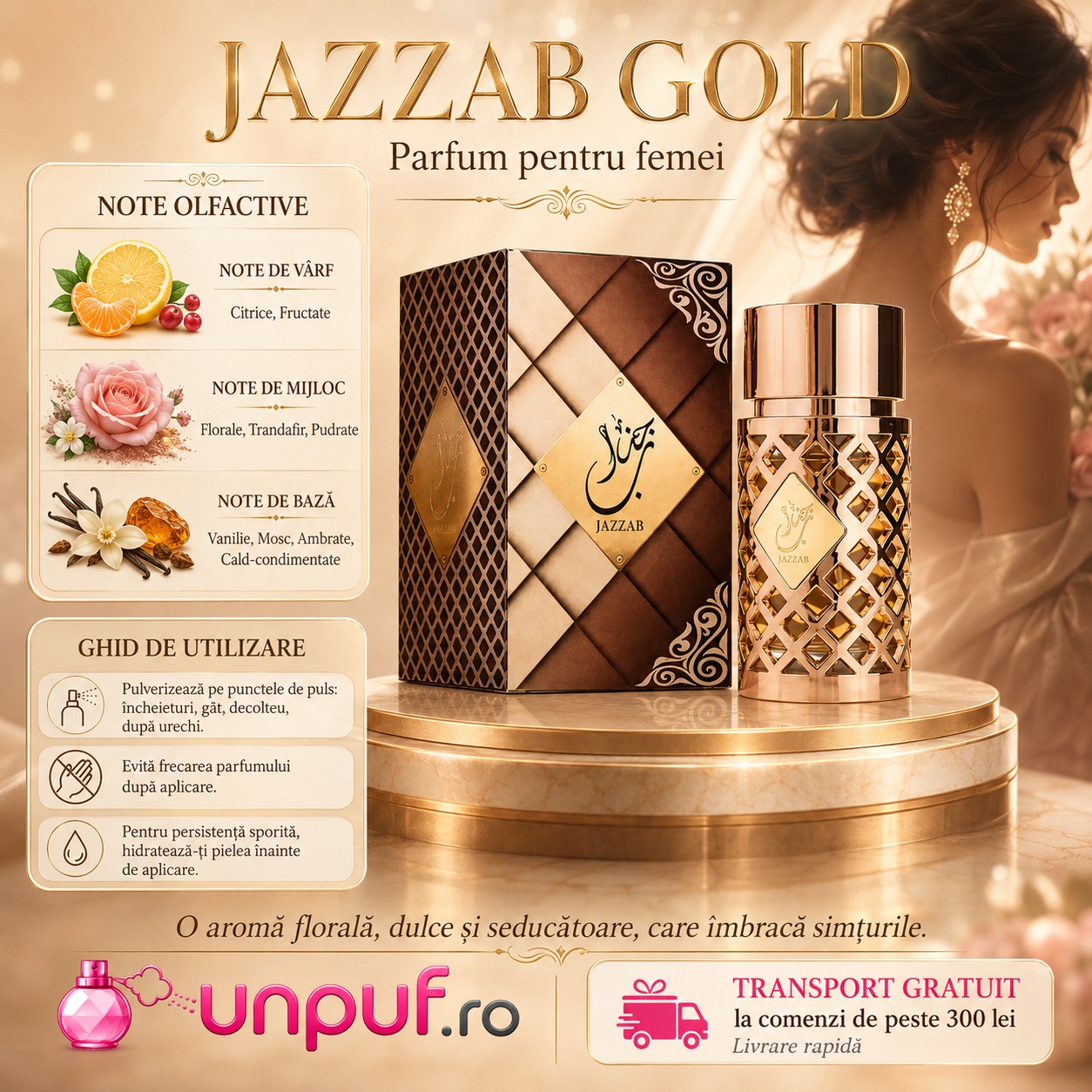 Jazzab Gold parfum pentru femei cu note citrice fructate, trandafir, note florale pudrate, vanilie, mosc, ambră și acorduri cald condimentate