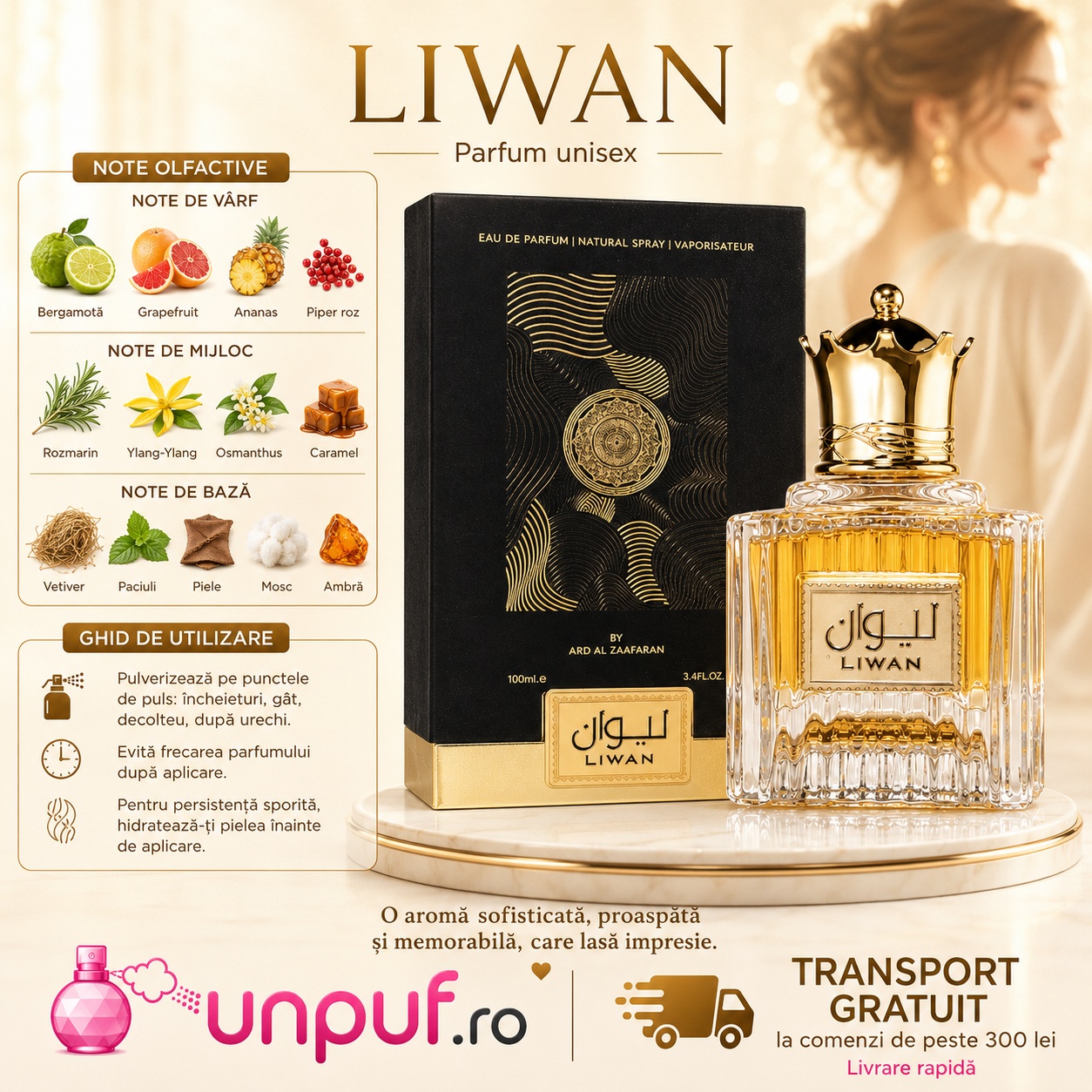 Liwan Ard Al Zaafaran parfum unisex cu note de bergamotă, grapefruit, ananas, piper roz, rozmarin, ylang-ylang, osmanthus, caramel, vetiver, paciuli, piele, mosc și ambră