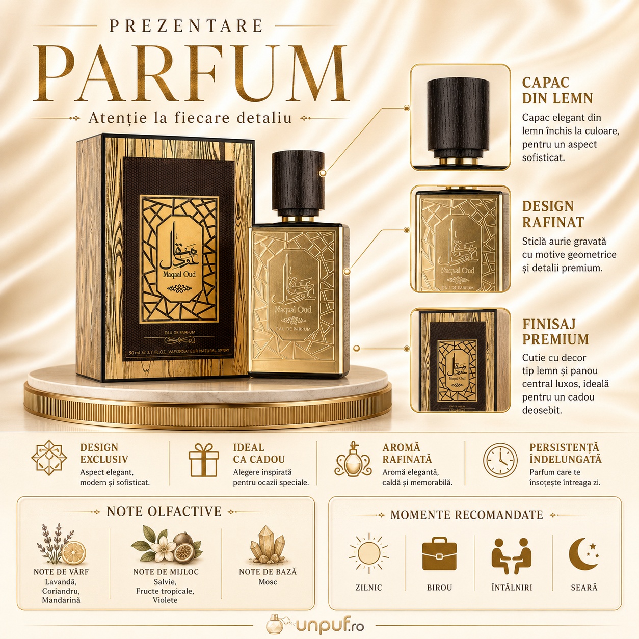 Prezentare parfum Maqaal Oud Ard Al Zaafaran cu capac din lemn, design rafinat, finisaj premium și note olfactive