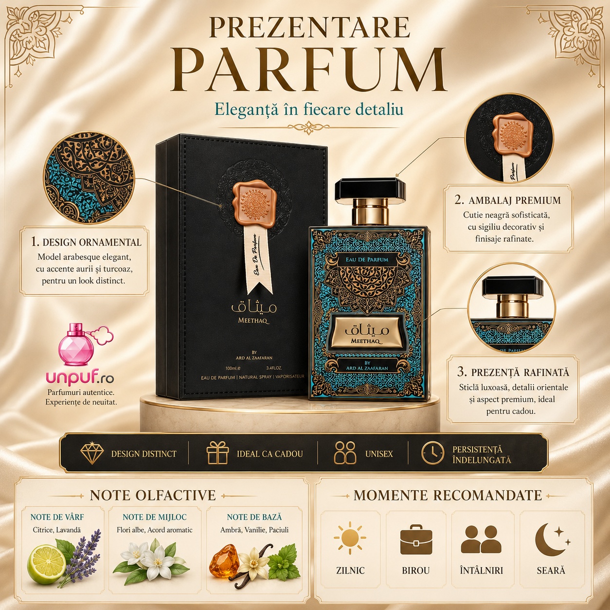 Prezentare Parfum Arăbesc Meethaq Ard Al Zaafaran cu design ornamental, ambalaj premium, note olfactive și momente recomandate