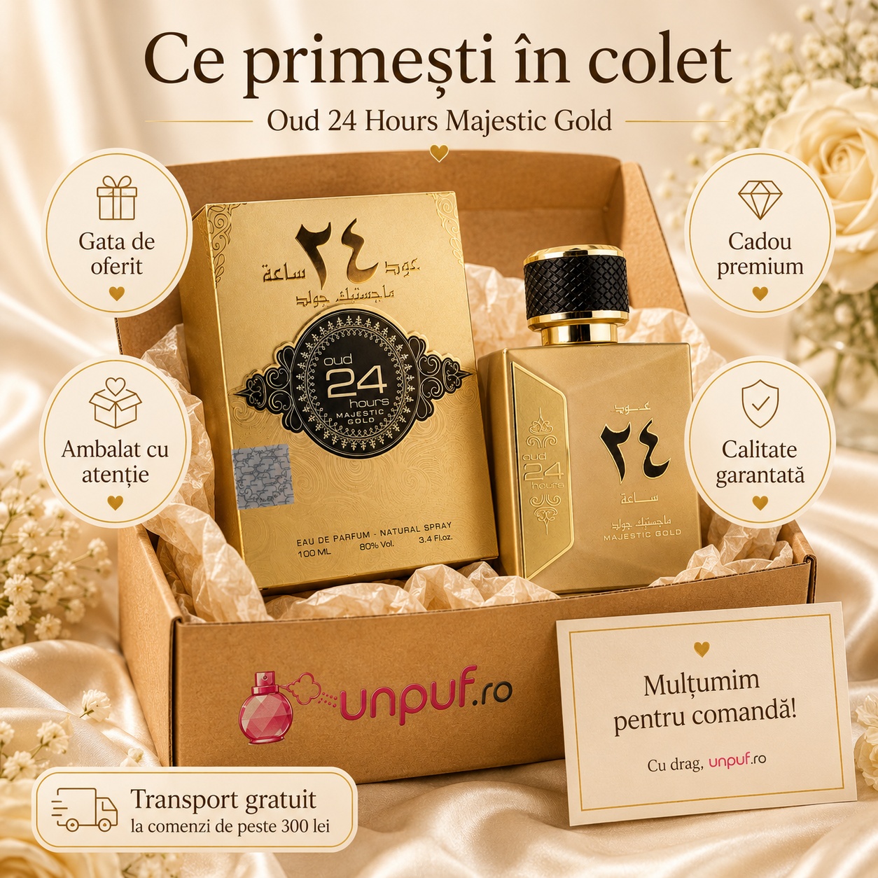 Ce primești &icirc;n colet Oud 24 Hours Majestic Gold Ard Al Zaafaran 100 ml parfum ambalat cu atenție pentru cadou premium