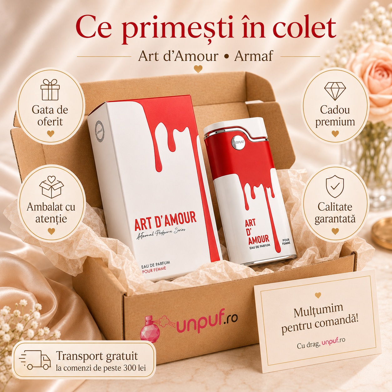 Ce primești &icirc;n colet Armaf Art D&rsquo;Amour 100 ml parfum de damă ambalat cu atenție pentru cadou premium